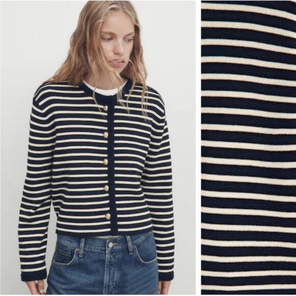 Massimo Dutti Navy Striped Nautical Button Down Cardigan Small - Picture 2 of 8